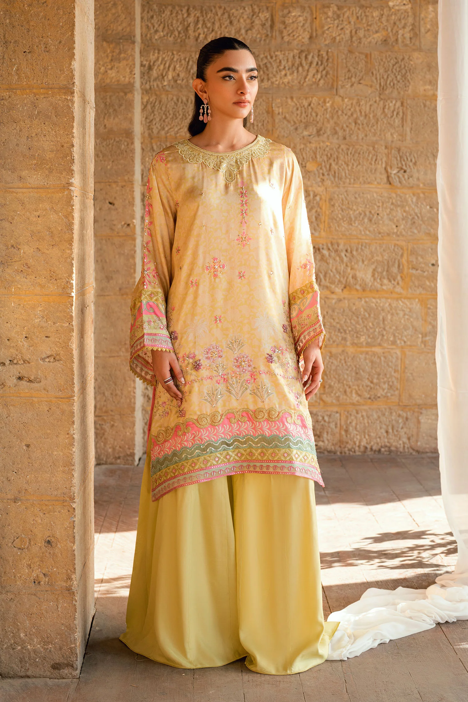 SS26DA-2892 YELLOW 2PCS HAND EMBELLISHED KURTA WITH TROUSER - Image 6