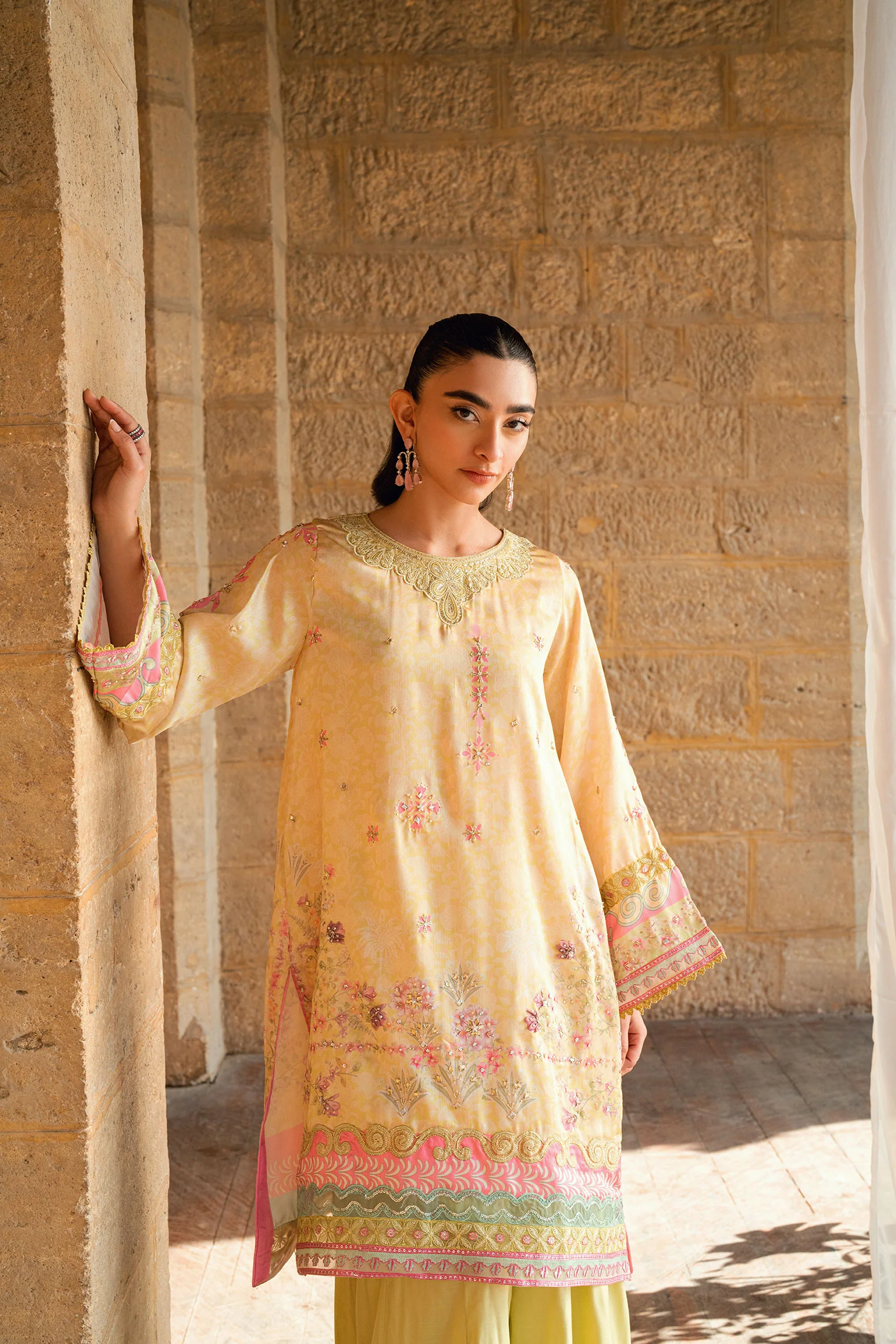 SS26DA-2892 YELLOW 2PCS HAND EMBELLISHED KURTA WITH TROUSER - Image 7