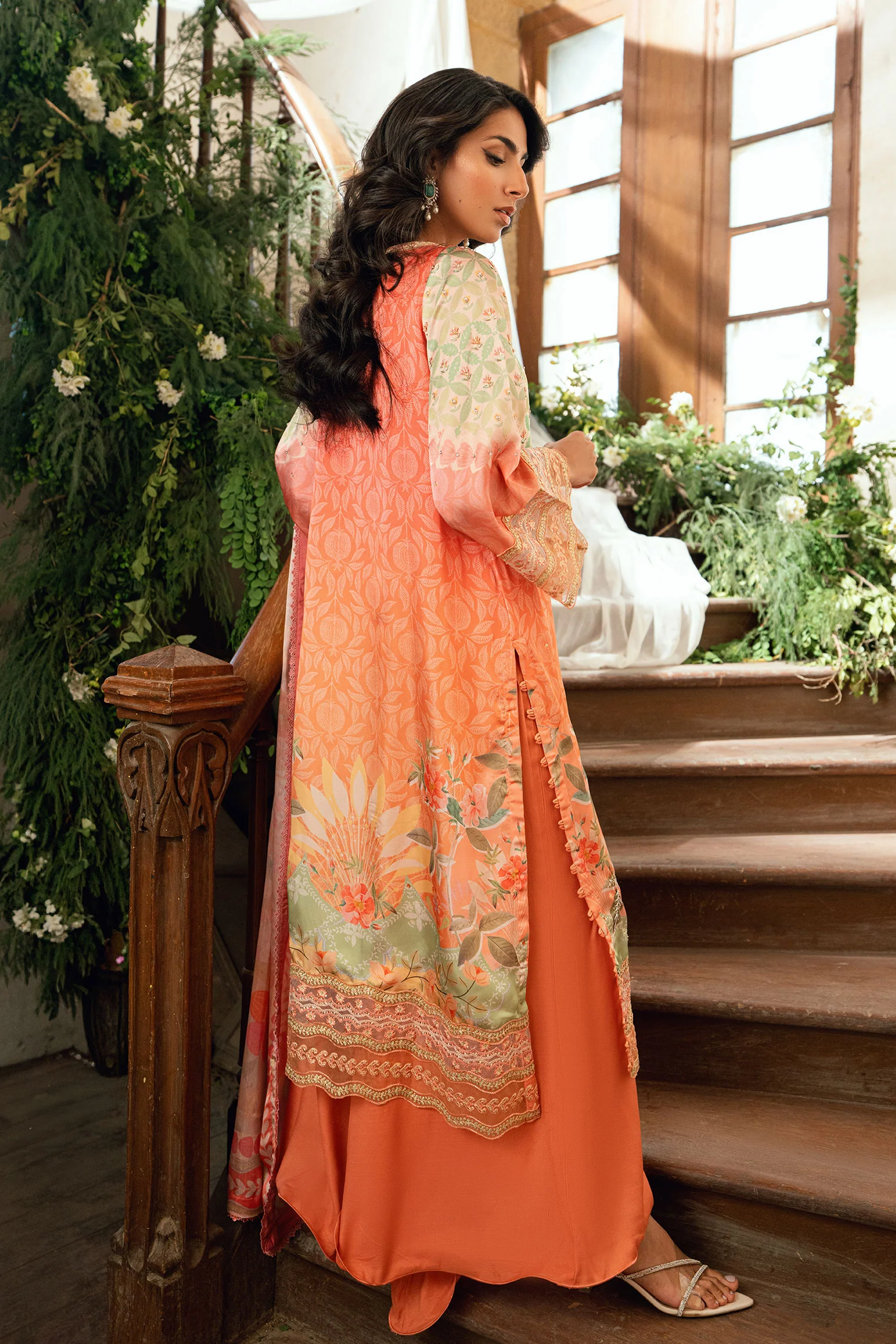SS26DA-2893 ORANGE 2PCS HAND EMBELLISHED KURTA WITH TROUSER - Image 3