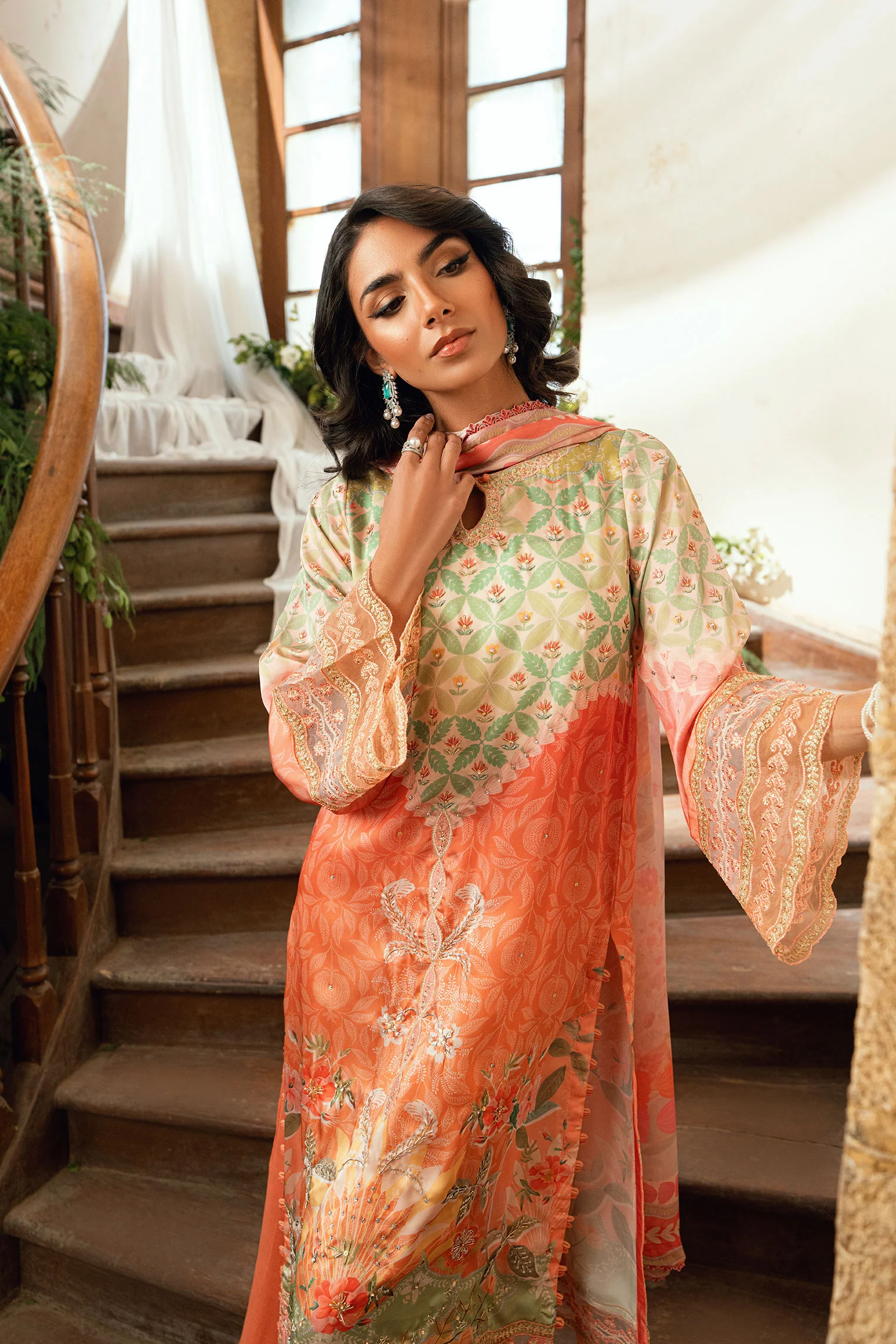 SS26DA-2893 ORANGE 2PCS HAND EMBELLISHED KURTA WITH TROUSER - Image 9