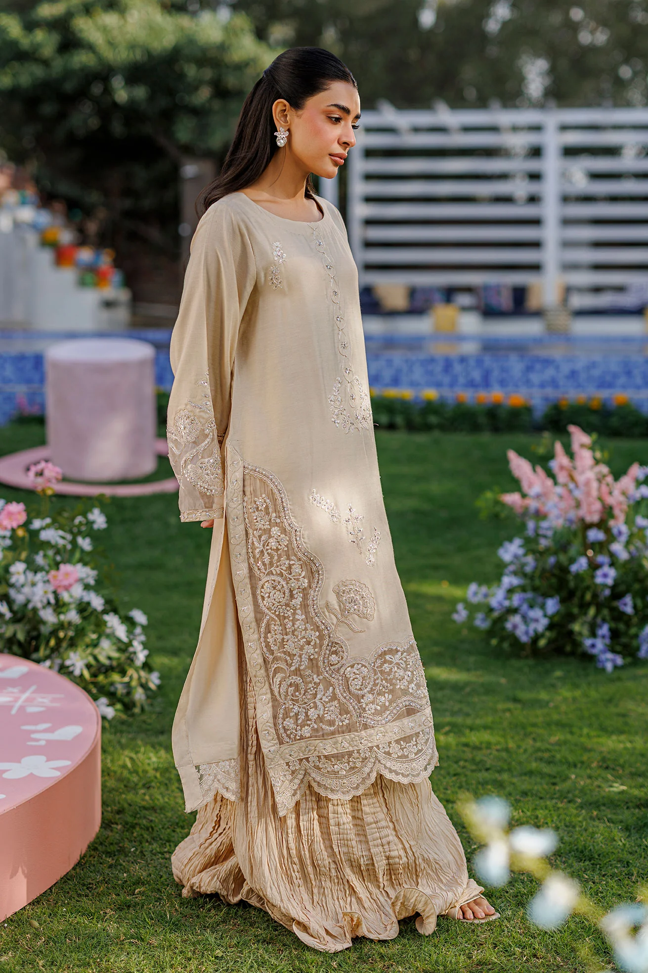 SS26DA-2901 BEIGE 2PCS  EMBROIDERED KURTA WITH TROUSER - Image 4