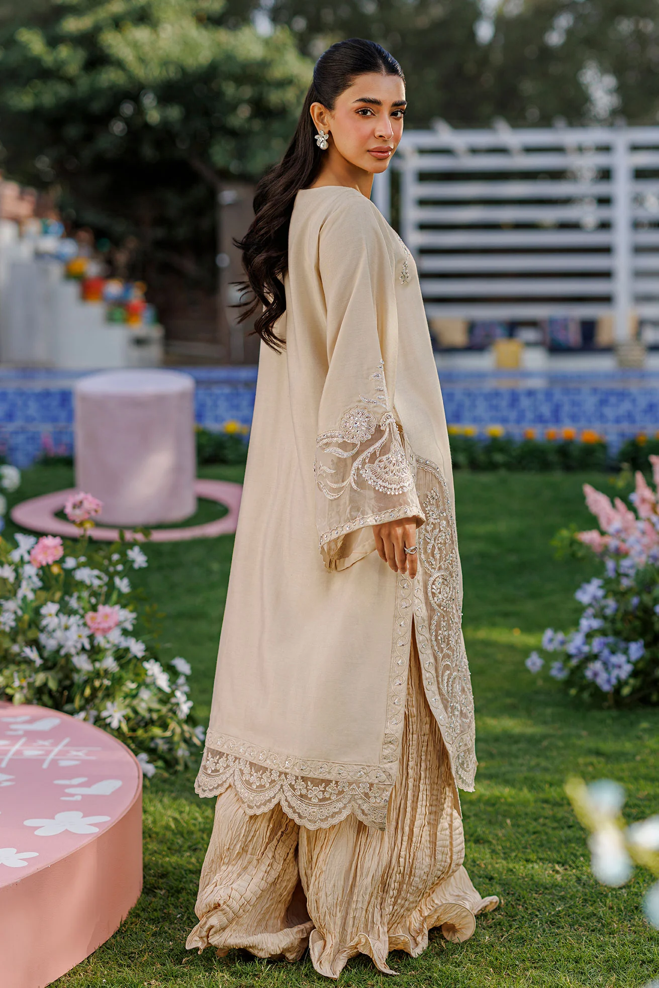 SS26DA-2901 BEIGE 2PCS  EMBROIDERED KURTA WITH TROUSER - Image 5