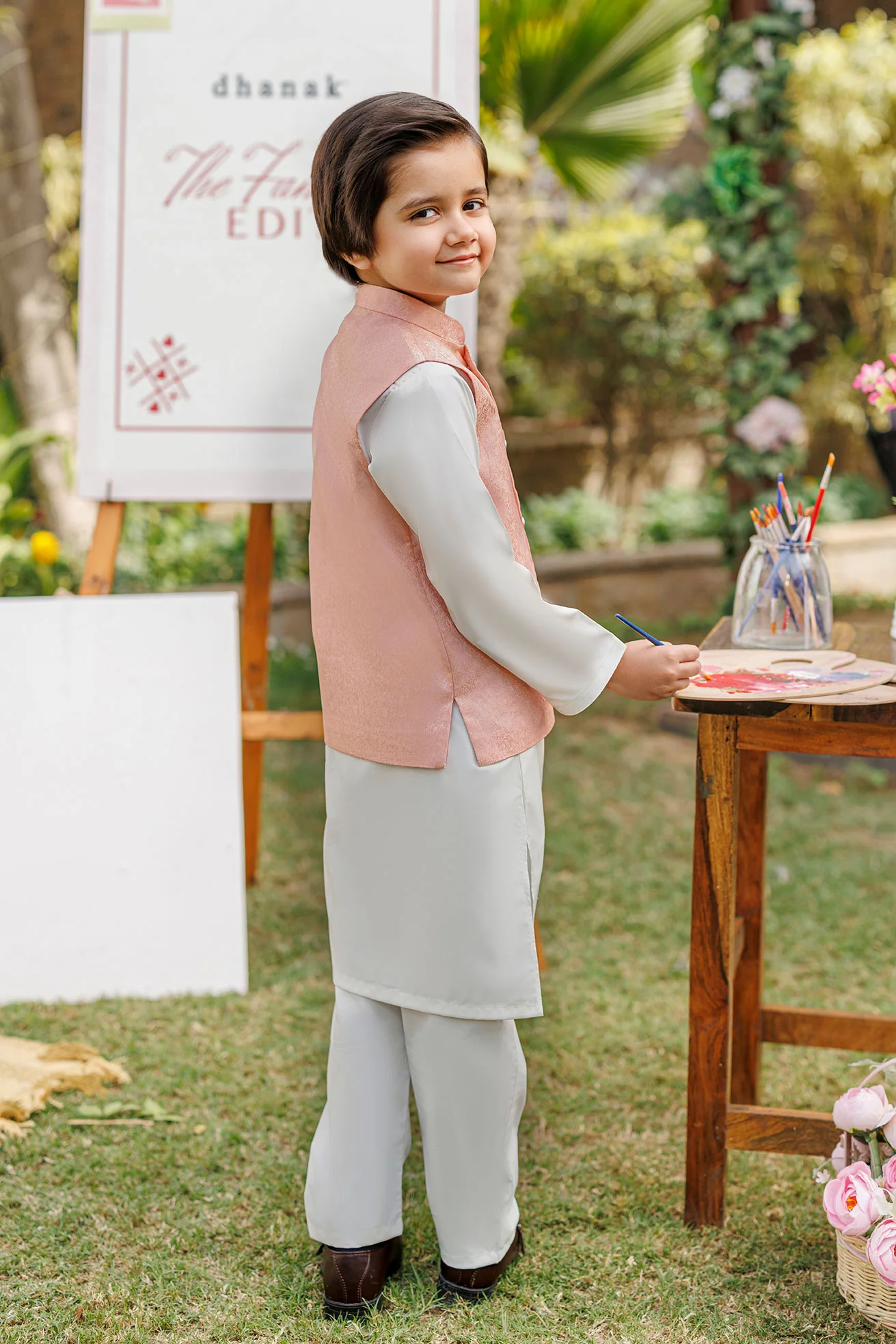 SS26DK-0224 - LIGHT PINK - KURTA ,PAJAMA & WAIST COAT - 3PCS - Image 3