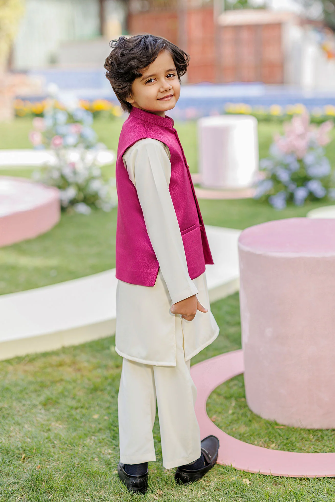 SS26DK-0226 - MAGENTA - KURTA ,PAJAMA & WAIST COAT - 3PCS - Image 4