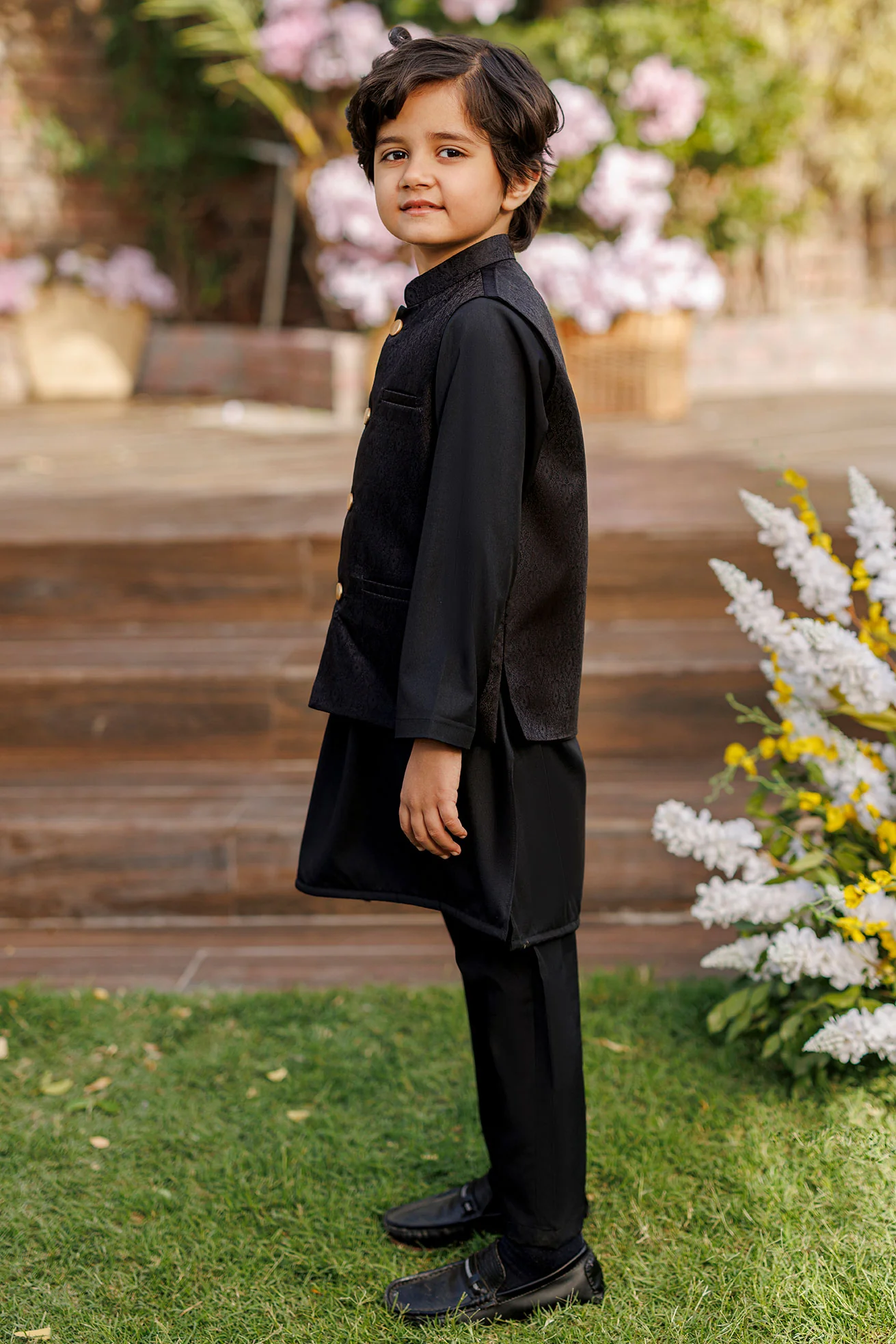 SS26DK-0228 - BLACK - KURTA ,PAJAMA & WAIST COAT - 3PCS - Image 3